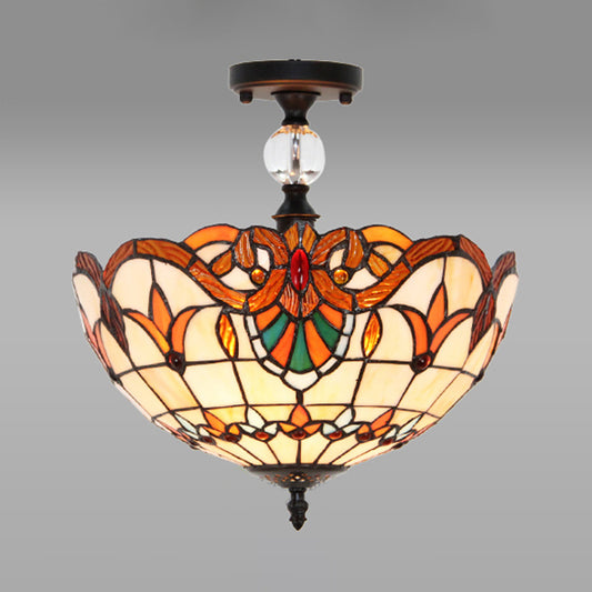 12"/16" W Victorian Bowl Semi Flush Light Stained Glass Living Room Semi Flush Mount Light in Beige Clearhalo 'Ceiling Lights' 'Close To Ceiling Lights' 'Close to ceiling' 'Glass shade' 'Glass' 'Semi-flushmount' 'Tiffany close to ceiling' 'Tiffany' Lighting' 28087