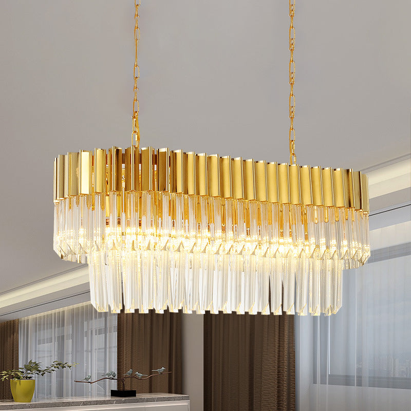 Brass Oval Island Light Postmodern 8 Heads Tri-Sided Crystal Rod Hanging Light Fixture Brass Clearhalo 'Ceiling Lights' 'Island Lights' Lighting' 280883