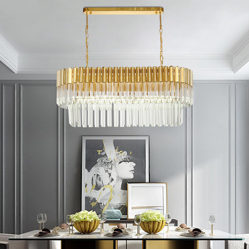 Brass Oval Island Light Postmodern 8 Heads Tri-Sided Crystal Rod Hanging Light Fixture Clearhalo 'Ceiling Lights' 'Island Lights' Lighting' 280884