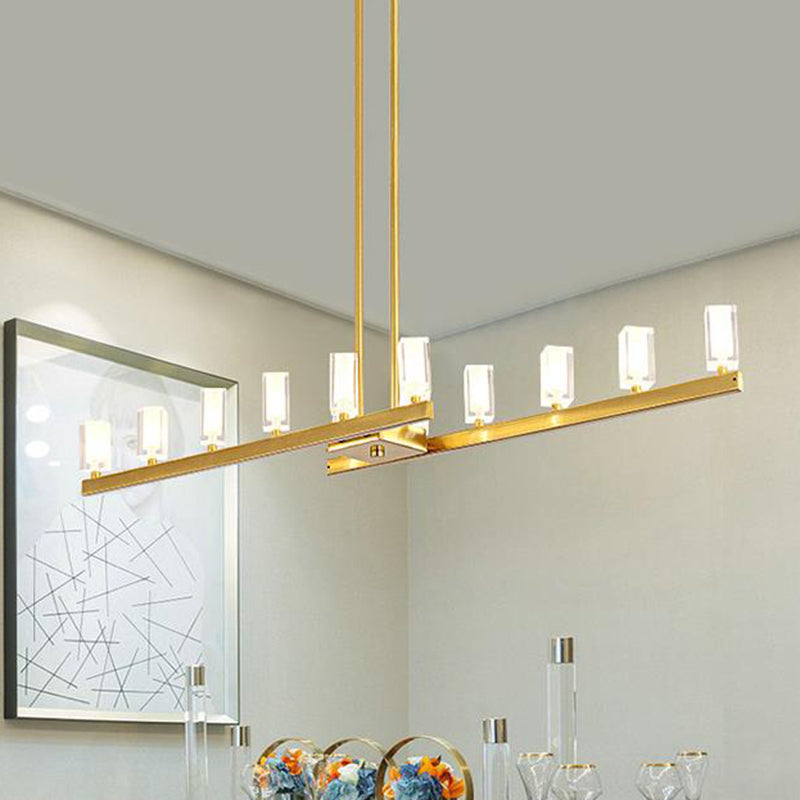 Brass Linear Ceiling Pendant Light Postmodern 12 Heads Rectangle Crystal Island Lighting Idea Clearhalo 'Ceiling Lights' 'Island Lights' Lighting' 280918