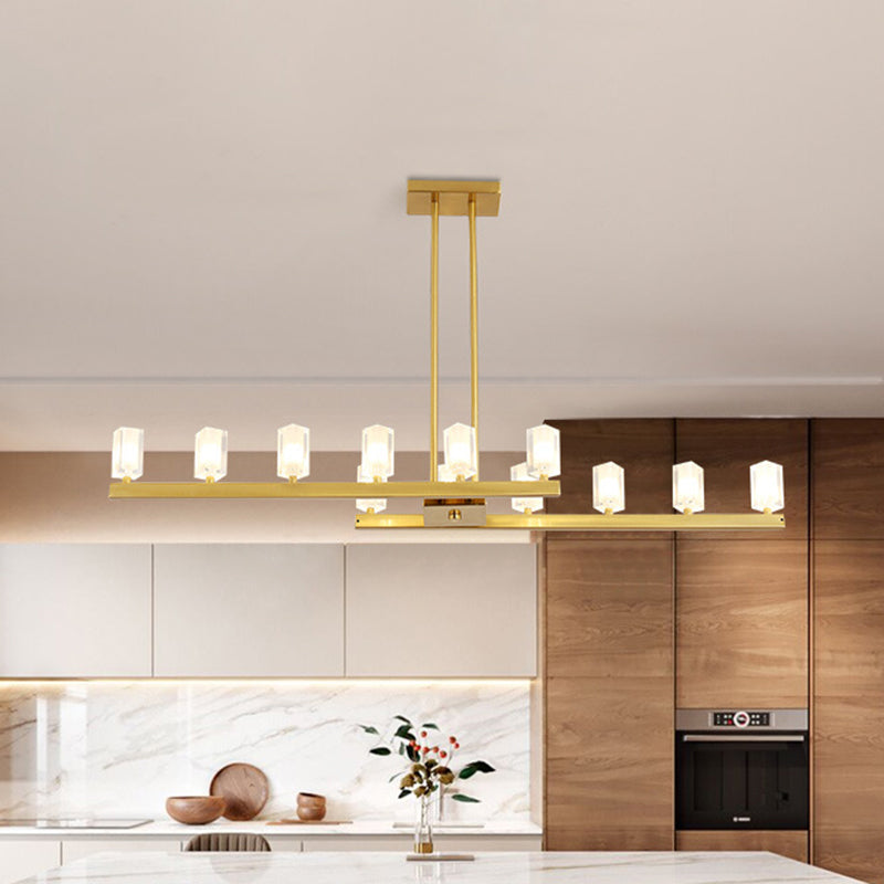 Brass Linear Ceiling Pendant Light Postmodern 12 Heads Rectangle Crystal Island Lighting Idea Brass Clearhalo 'Ceiling Lights' 'Island Lights' Lighting' 280919