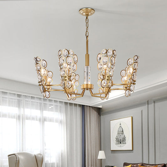 Brass Candelabra Suspension Pendant Postmodern 6 Heads Crystal Encrusted Ceiling Chandelier Brass Clearhalo 'Ceiling Lights' 'Chandeliers' 'Modern Chandeliers' 'Modern' Lighting' 280943