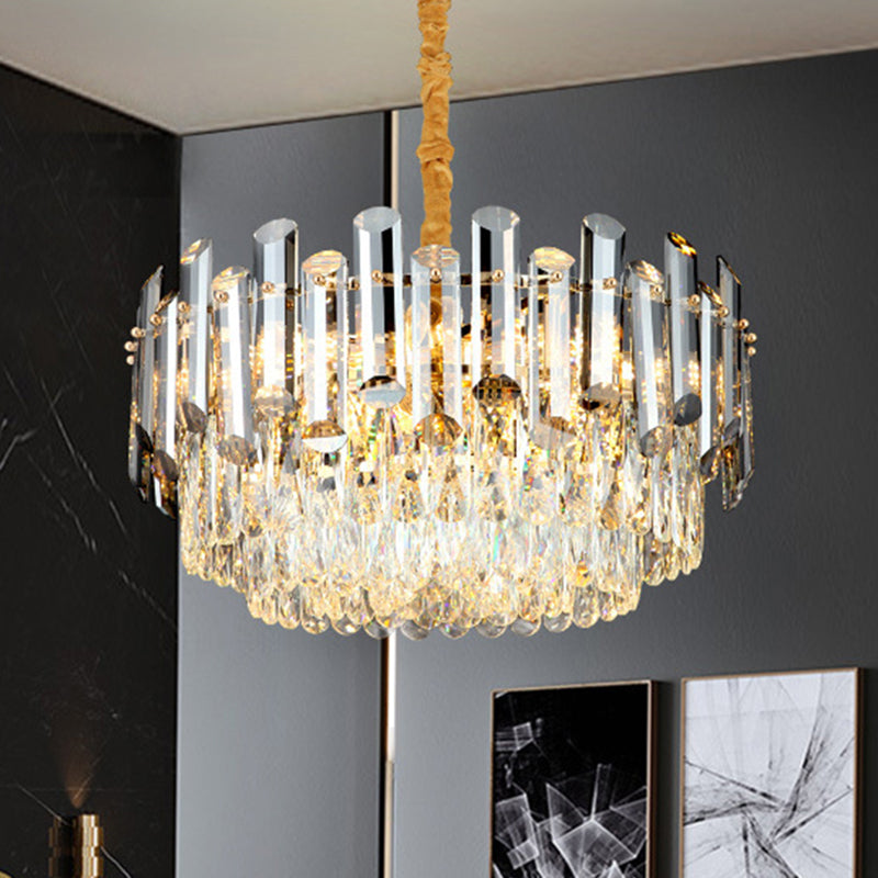 Drum Beveled Crystal Pendant Light Kit Postmodern 10 Heads Brass Chandelier Lighting Clearhalo 'Ceiling Lights' 'Chandeliers' 'Modern Chandeliers' 'Modern' Lighting' 280951