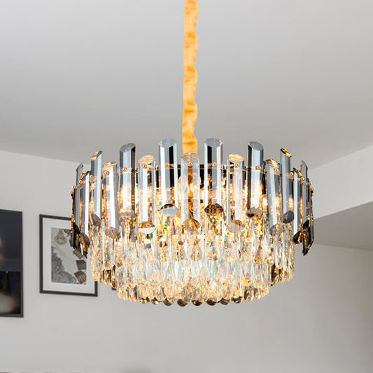 Drum Beveled Crystal Pendant Light Kit Postmodern 10 Heads Brass Chandelier Lighting Brass Clearhalo 'Ceiling Lights' 'Chandeliers' 'Modern Chandeliers' 'Modern' Lighting' 280952