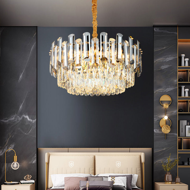 Drum Beveled Crystal Pendant Light Kit Postmodern 10 Heads Brass Chandelier Lighting Clearhalo 'Ceiling Lights' 'Chandeliers' 'Modern Chandeliers' 'Modern' Lighting' 280953