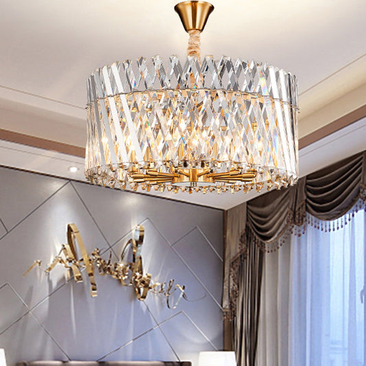 Tri-Sided Crystal Rod Drum Ceiling Light Contemporary 10 Heads Chandelier Light Fixture Brass Clearhalo 'Ceiling Lights' 'Chandeliers' 'Modern Chandeliers' 'Modern' Lighting' 280961