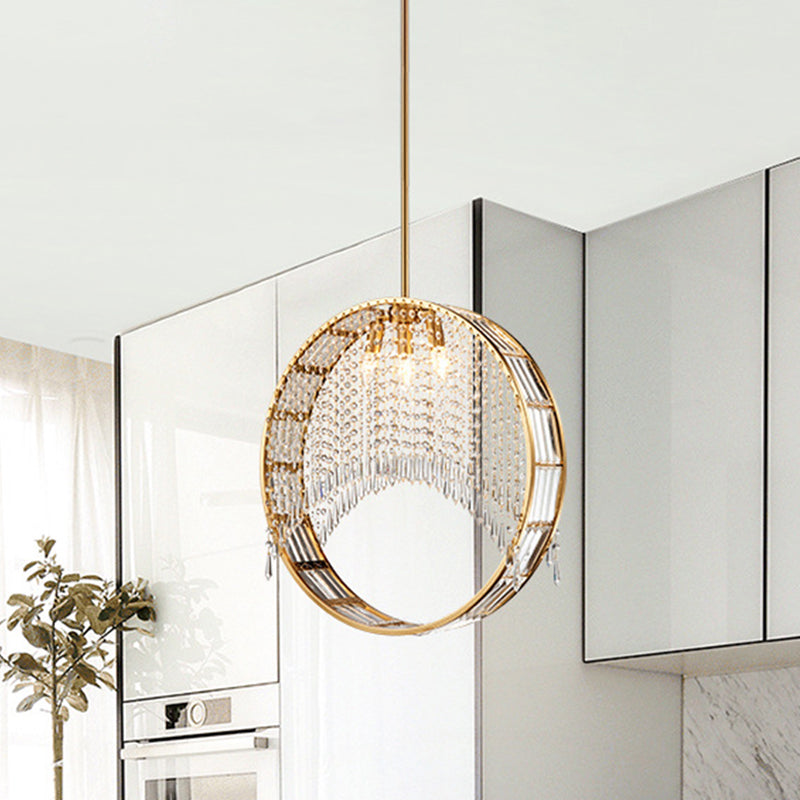 Brass Ring Hanging Light Fixture Postmodern 3 Heads Crystal Drop Ceiling Chandelier Clearhalo 'Ceiling Lights' 'Chandeliers' 'Modern Chandeliers' 'Modern' Lighting' 280988