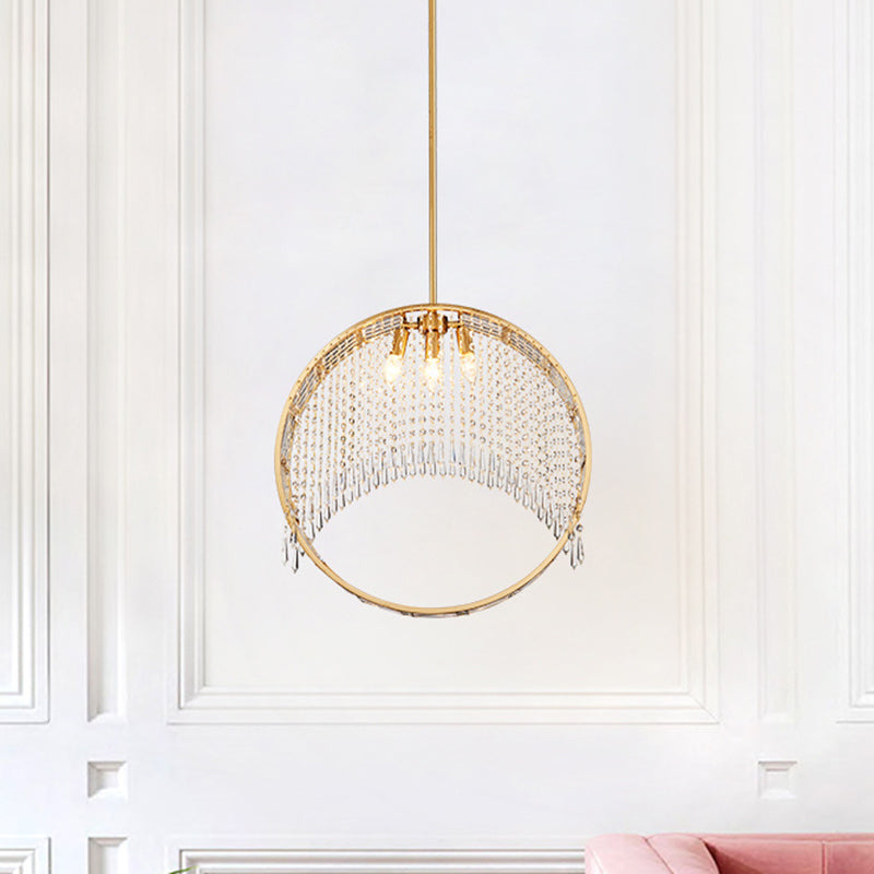 Brass Ring Hanging Light Fixture Postmodern 3 Heads Crystal Drop Ceiling Chandelier Brass Clearhalo 'Ceiling Lights' 'Chandeliers' 'Modern Chandeliers' 'Modern' Lighting' 280989