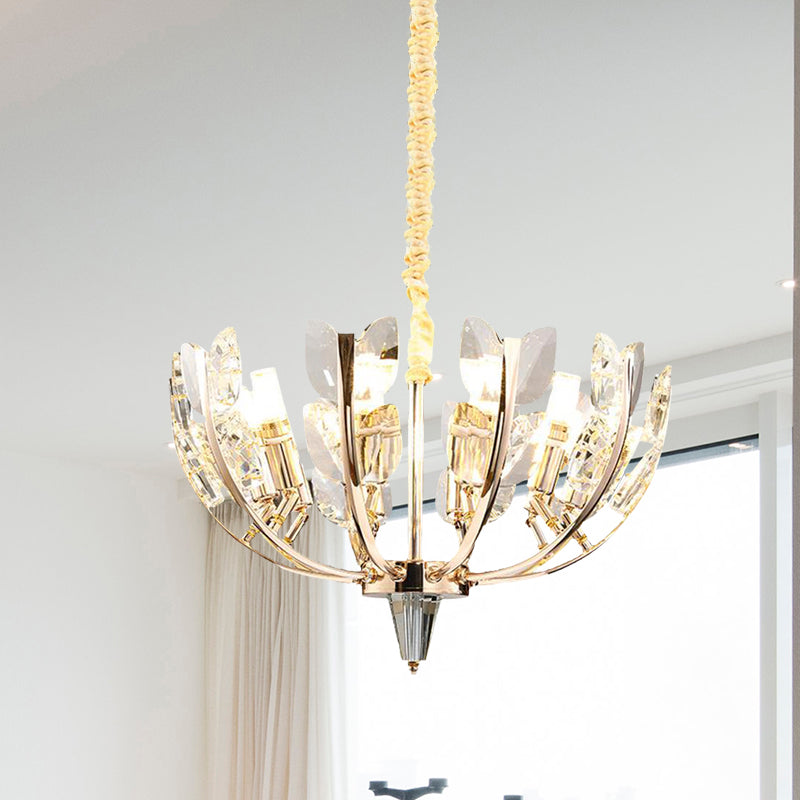 Modernism Curved Arm Hanging Ceiling Light Leaf Crystal 8/10 Heads Dining Room Chandelier Lamp in Brushed Brass, 18"/21.5" Wide Brushed Brass Clearhalo 'Ceiling Lights' 'Chandeliers' 'Modern Chandeliers' 'Modern' Lighting' 280997