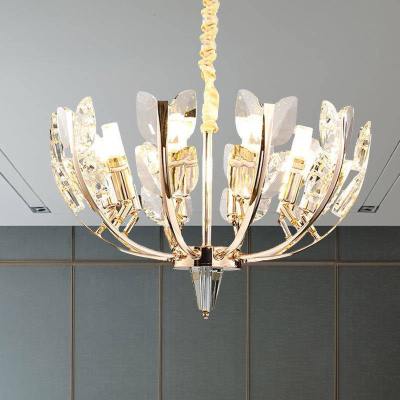 Modernism Curved Arm Hanging Ceiling Light Leaf Crystal 8/10 Heads Dining Room Chandelier Lamp in Brushed Brass, 18"/21.5" Wide Clearhalo 'Ceiling Lights' 'Chandeliers' 'Modern Chandeliers' 'Modern' Lighting' 280998