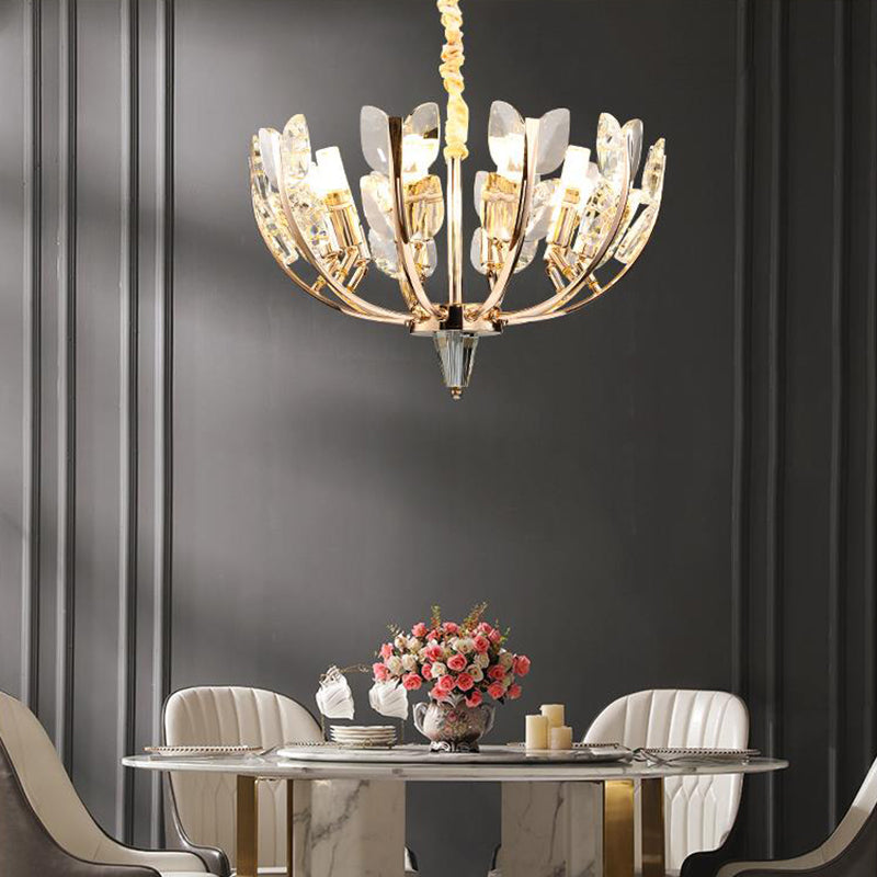 Modernism Curved Arm Hanging Ceiling Light Leaf Crystal 8/10 Heads Dining Room Chandelier Lamp in Brushed Brass, 18"/21.5" Wide Clearhalo 'Ceiling Lights' 'Chandeliers' 'Modern Chandeliers' 'Modern' Lighting' 280999