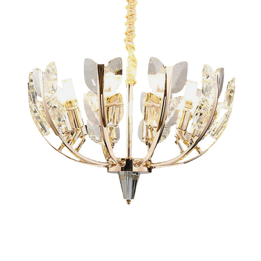 Modernism Curved Arm Hanging Ceiling Light Leaf Crystal 8/10 Heads Dining Room Chandelier Lamp in Brushed Brass, 18"/21.5" Wide Clearhalo 'Ceiling Lights' 'Chandeliers' 'Modern Chandeliers' 'Modern' Lighting' 281000