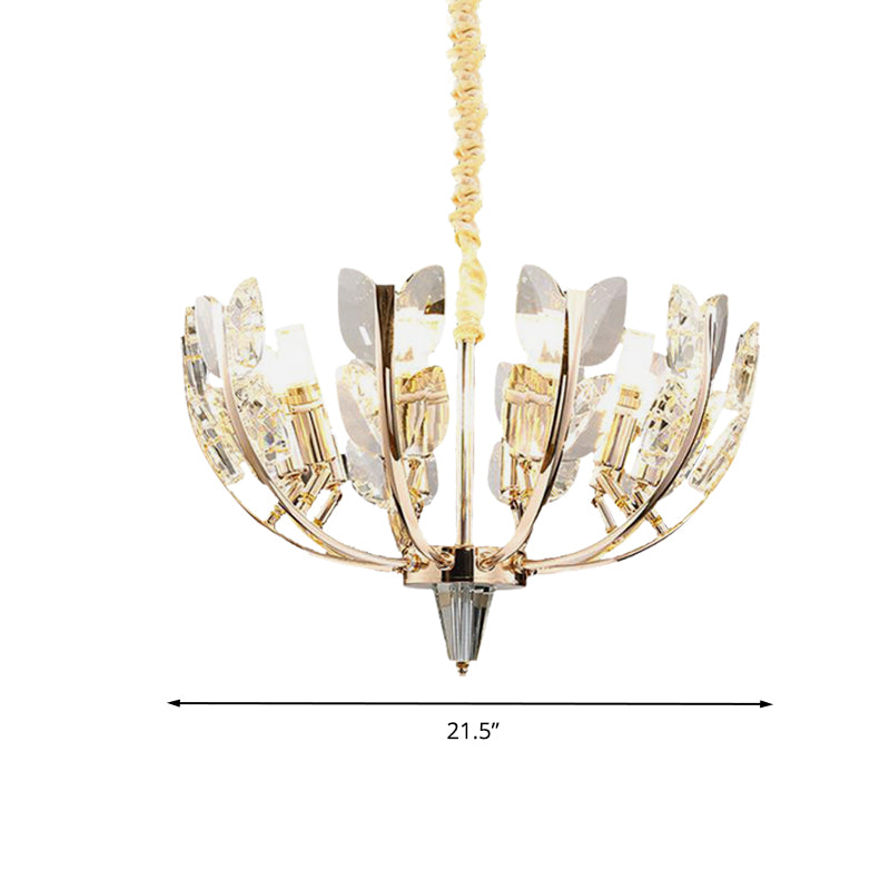 Modernism Curved Arm Hanging Ceiling Light Leaf Crystal 8/10 Heads Dining Room Chandelier Lamp in Brushed Brass, 18"/21.5" Wide Clearhalo 'Ceiling Lights' 'Chandeliers' 'Modern Chandeliers' 'Modern' Lighting' 281002