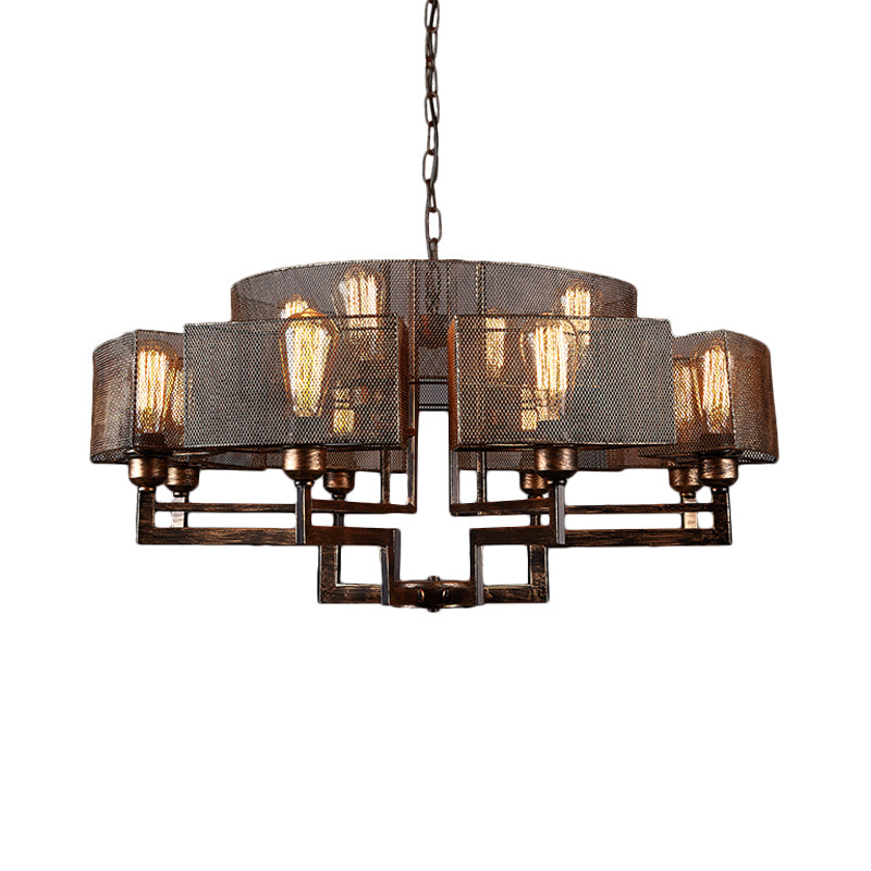 12-Light Half Round Frame Chandelier Farmhouse Style Rust Metallic Suspended Lighting Fixture Clearhalo 'Ceiling Lights' 'Chandeliers' Lighting' options 281007