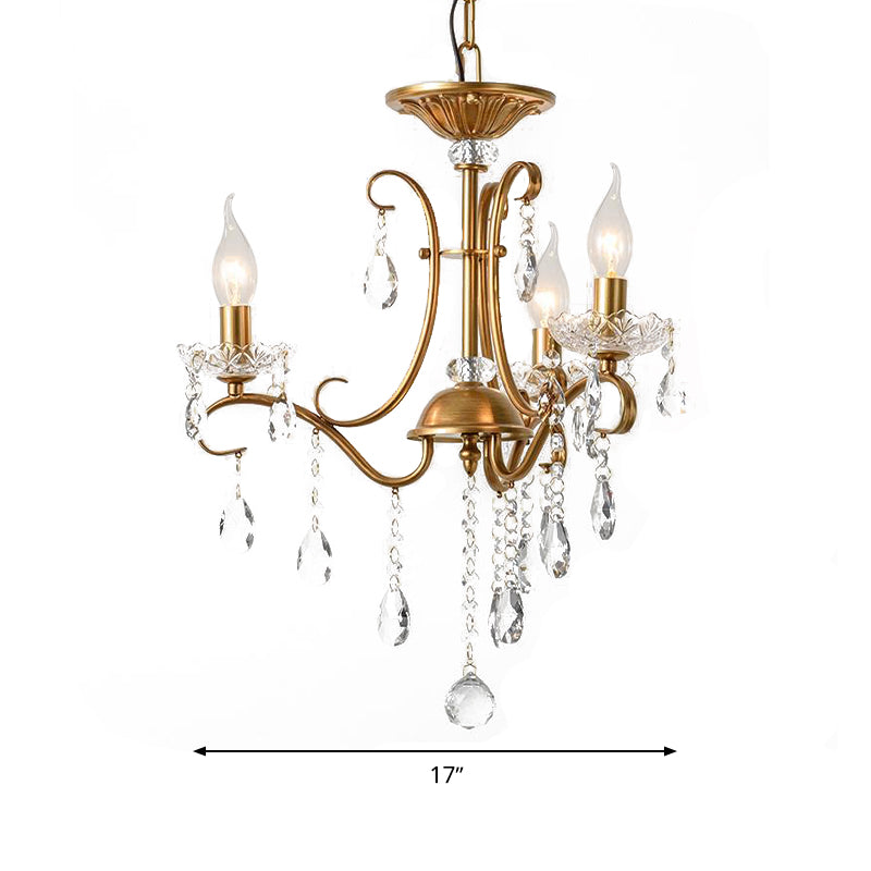 Droplet Chandelier Lighting Traditional Cut Crystal 3/6 Heads 17"/25.5" Wide Brass Suspension Pendant Light Clearhalo 'Ceiling Lights' 'Chandeliers' Lighting' options 281037