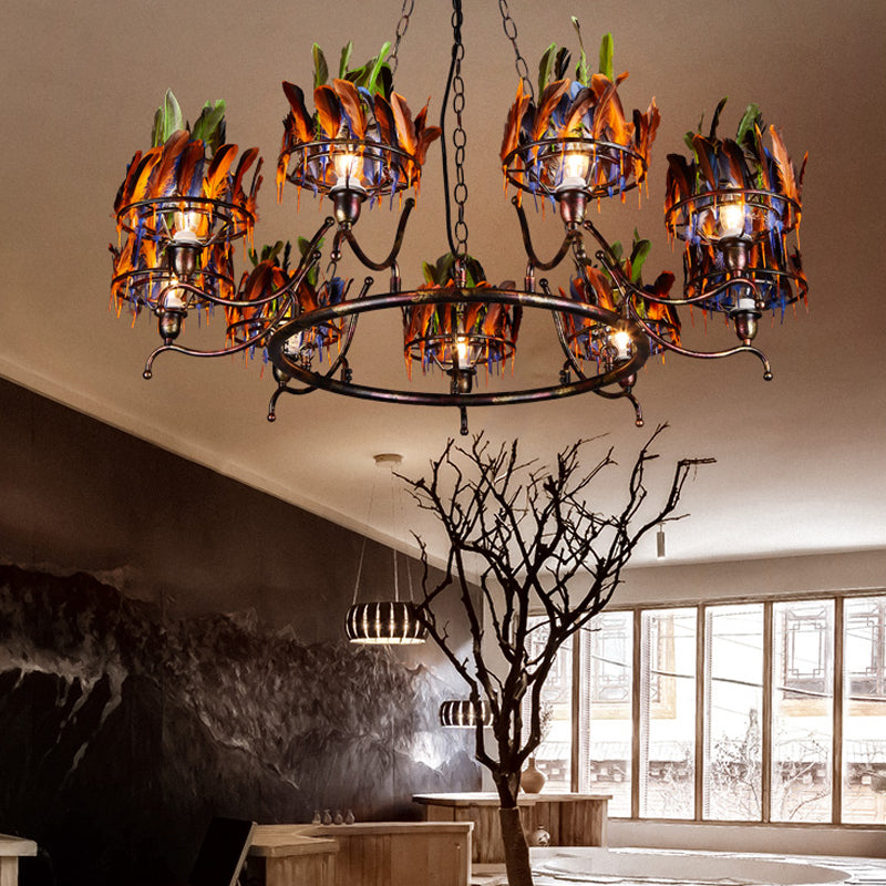 Copper Finish 9-Head Chandelier Lamp Traditional Iron Circular Suspension Pendant with Indian Feather Headwear Element Clearhalo 'Ceiling Lights' 'Chandeliers' Lighting' options 281081