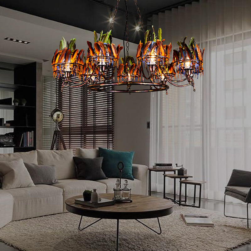 Copper Finish 9-Head Chandelier Lamp Traditional Iron Circular Suspension Pendant with Indian Feather Headwear Element Clearhalo 'Ceiling Lights' 'Chandeliers' Lighting' options 281083