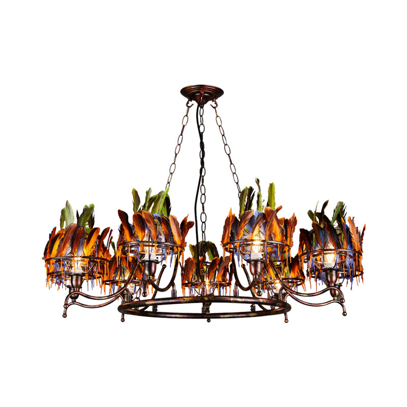 Copper Finish 9-Head Chandelier Lamp Traditional Iron Circular Suspension Pendant with Indian Feather Headwear Element Clearhalo 'Ceiling Lights' 'Chandeliers' Lighting' options 281084