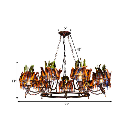 Copper Finish 9-Head Chandelier Lamp Traditional Iron Circular Suspension Pendant with Indian Feather Headwear Element Clearhalo 'Ceiling Lights' 'Chandeliers' Lighting' options 281085