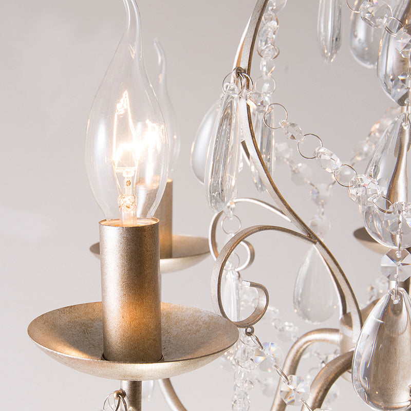 Metal Candle Ceiling Chandelier Tradition 5 Bulbs Hanging Light Kit in Antique Brass with Crystal Teardrop Clearhalo 'Ceiling Lights' 'Chandeliers' Lighting' options 281092