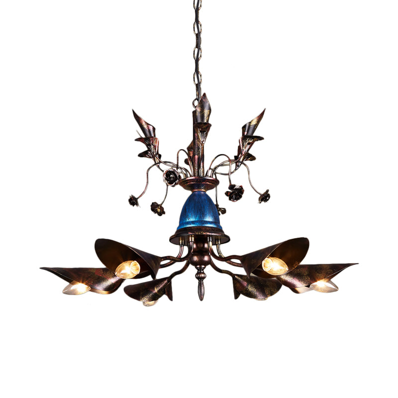 6-Light Bell Chandelier Traditional Blue Iron Hanging Pendant with Red Flame Conical Shade Clearhalo 'Ceiling Lights' 'Chandeliers' Lighting' options 281096