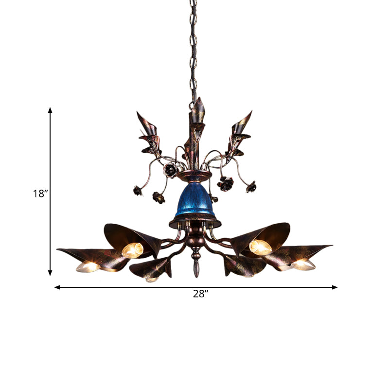 6-Light Bell Chandelier Traditional Blue Iron Hanging Pendant with Red Flame Conical Shade Clearhalo 'Ceiling Lights' 'Chandeliers' Lighting' options 281097