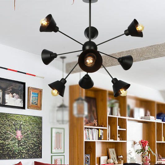 Cone Shade Metal Hanging Lamp Industrial Stylish 9/12/15 Lights Black Chandelier Pendant Light with Sputnik Design Clearhalo 'Cast Iron' 'Ceiling Lights' 'Chandeliers' 'Industrial Chandeliers' 'Industrial' 'Metal' 'Middle Century Chandeliers' 'Rustic Chandeliers' 'Tiffany' Lighting' 281109