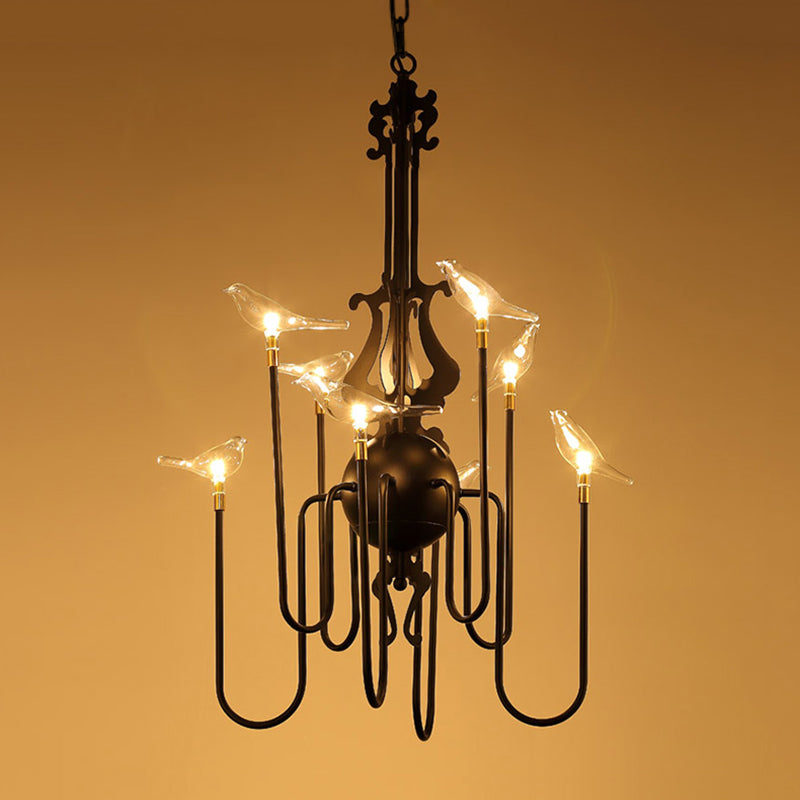 4/8/12-Light Iron Chandelier Light Antique Black/White Swooping Armed Ceiling Light Fixture with Clear Glass Bird Clearhalo 'Ceiling Lights' 'Chandeliers' Lighting' options 281125