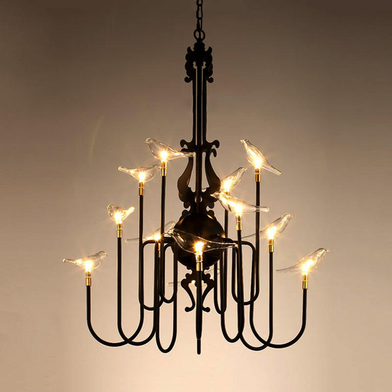 4/8/12-Light Iron Chandelier Light Antique Black/White Swooping Armed Ceiling Light Fixture with Clear Glass Bird Clearhalo 'Ceiling Lights' 'Chandeliers' Lighting' options 281129