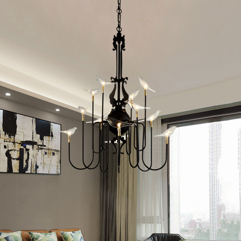 4/8/12-Light Iron Chandelier Light Antique Black/White Swooping Armed Ceiling Light Fixture with Clear Glass Bird Clearhalo 'Ceiling Lights' 'Chandeliers' Lighting' options 281130