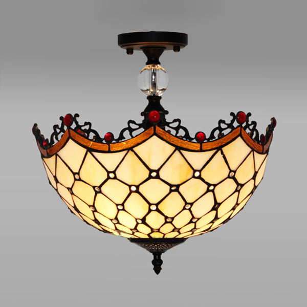 12"/16" W Scalloped Semi Flush Light Traditional Tiffany Stained Glass Ceiling Lamp with Leaf/Victorian/Circle Pattern in Bronze for Foyer Clearhalo 'Ceiling Lights' 'Close To Ceiling Lights' 'Close to ceiling' 'Glass shade' 'Glass' 'Semi-flushmount' 'Tiffany close to ceiling' 'Tiffany' Lighting' 28115