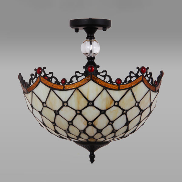 12"/16" W Scalloped Semi Flush Light Traditional Tiffany Stained Glass Ceiling Lamp with Leaf/Victorian/Circle Pattern in Bronze for Foyer Clearhalo 'Ceiling Lights' 'Close To Ceiling Lights' 'Close to ceiling' 'Glass shade' 'Glass' 'Semi-flushmount' 'Tiffany close to ceiling' 'Tiffany' Lighting' 28116