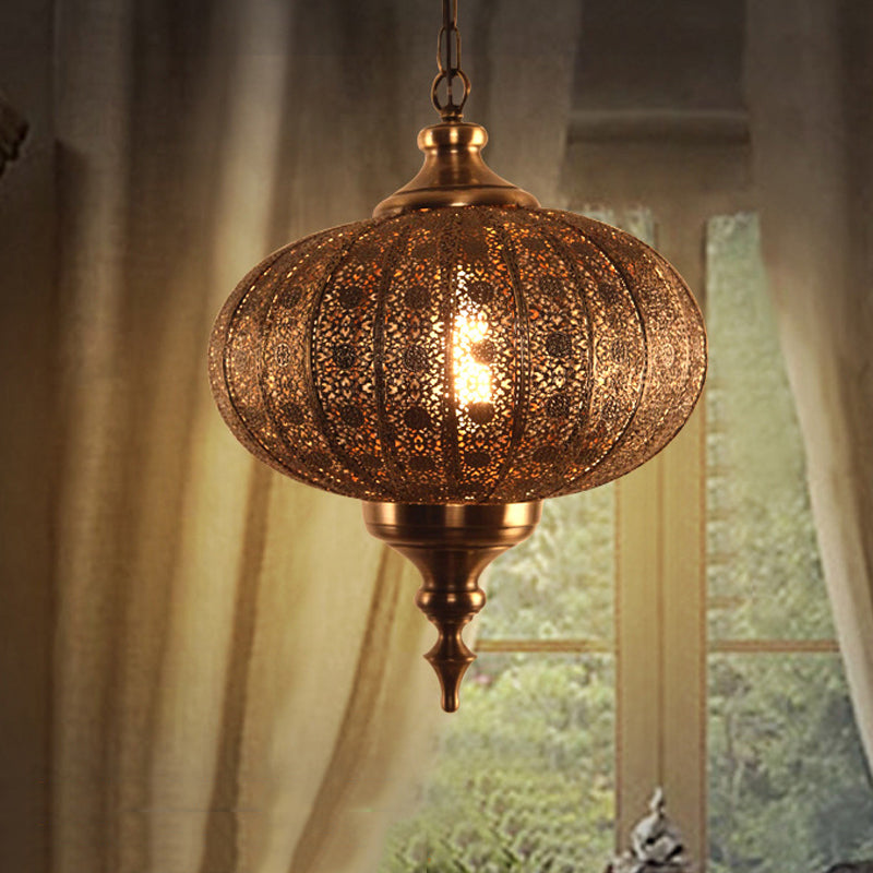 Metallic Teardrop/Lantern Hanging Pendant Retro 1 Light Brass Exquisite Hollowed Ceiling Lamp, 16"/18"/19.5" Wide Clearhalo 'Ceiling Lights' 'Pendant Lights' 'Pendants' Lighting' 281168