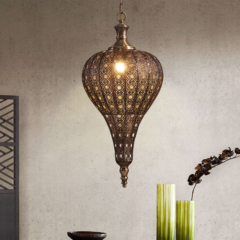 Metallic Teardrop/Lantern Hanging Pendant Retro 1 Light Brass Exquisite Hollowed Ceiling Lamp, 16"/18"/19.5" Wide Brass Clearhalo 'Ceiling Lights' 'Pendant Lights' 'Pendants' Lighting' 281173_b7607ec4-7570-402c-a635-6636bb1ad5e8