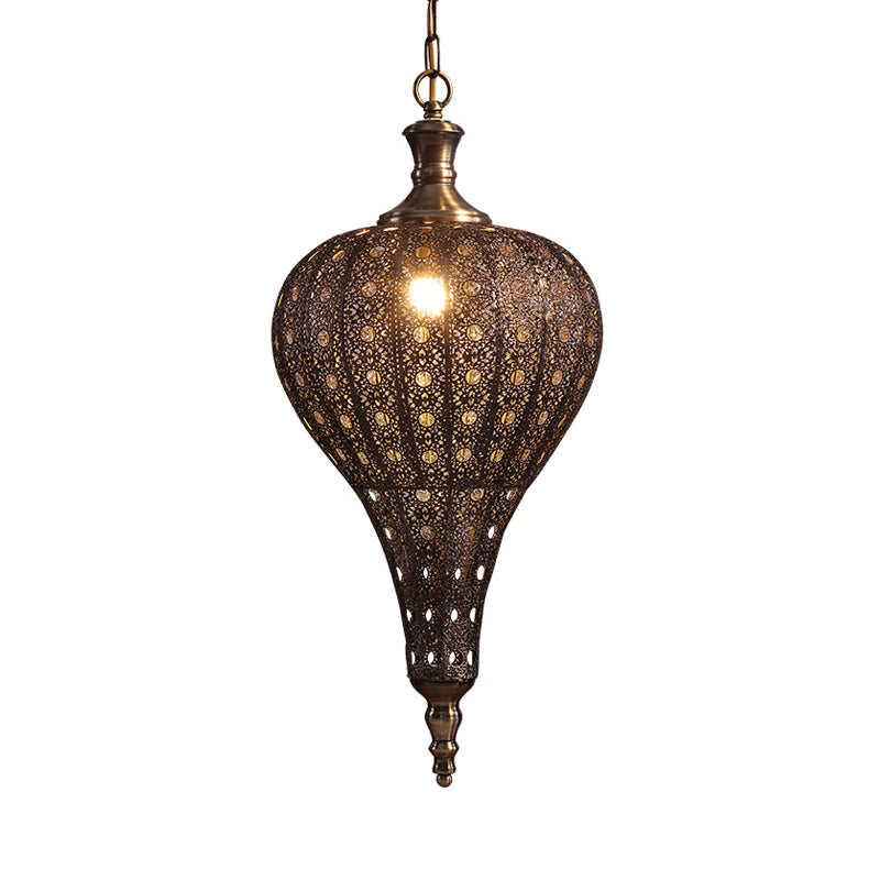 Metallic Teardrop/Lantern Hanging Pendant Retro 1 Light Brass Exquisite Hollowed Ceiling Lamp, 16"/18"/19.5" Wide Clearhalo 'Ceiling Lights' 'Pendant Lights' 'Pendants' Lighting' 281175