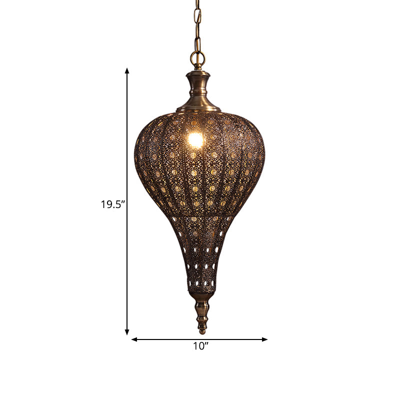 Metallic Teardrop/Lantern Hanging Pendant Retro 1 Light Brass Exquisite Hollowed Ceiling Lamp, 16"/18"/19.5" Wide Clearhalo 'Ceiling Lights' 'Pendant Lights' 'Pendants' Lighting' 281176