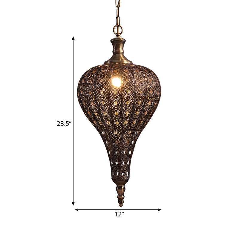 Metallic Teardrop/Lantern Hanging Pendant Retro 1 Light Brass Exquisite Hollowed Ceiling Lamp, 16"/18"/19.5" Wide Clearhalo 'Ceiling Lights' 'Pendant Lights' 'Pendants' Lighting' 281177