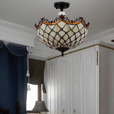 12"/16" W Scalloped Semi Flush Light Traditional Tiffany Stained Glass Ceiling Lamp with Leaf/Victorian/Circle Pattern in Bronze for Foyer Clearhalo 'Ceiling Lights' 'Close To Ceiling Lights' 'Close to ceiling' 'Glass shade' 'Glass' 'Semi-flushmount' 'Tiffany close to ceiling' 'Tiffany' Lighting' 28118