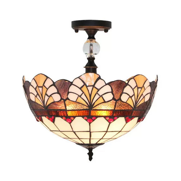 12"/16" W Scalloped Semi Flush Light Traditional Tiffany Stained Glass Ceiling Lamp with Leaf/Victorian/Circle Pattern in Bronze for Foyer Clearhalo 'Ceiling Lights' 'Close To Ceiling Lights' 'Close to ceiling' 'Glass shade' 'Glass' 'Semi-flushmount' 'Tiffany close to ceiling' 'Tiffany' Lighting' 28119