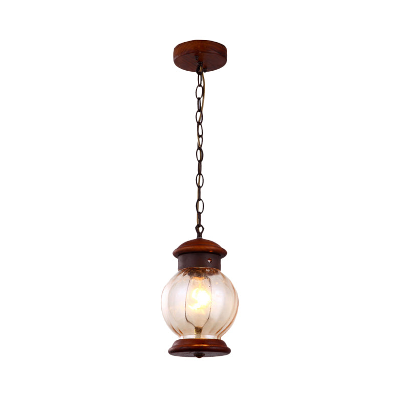 Traditional Round Drop Pendant 1-Light Wooden Brown Hanging Ceiling Lamp with Clear Glass Ball Shade Clearhalo 'Ceiling Lights' 'Chandeliers' 'Glass shade' 'Glass' 'Pendant Lights' 'Pendants' Lighting' 281201