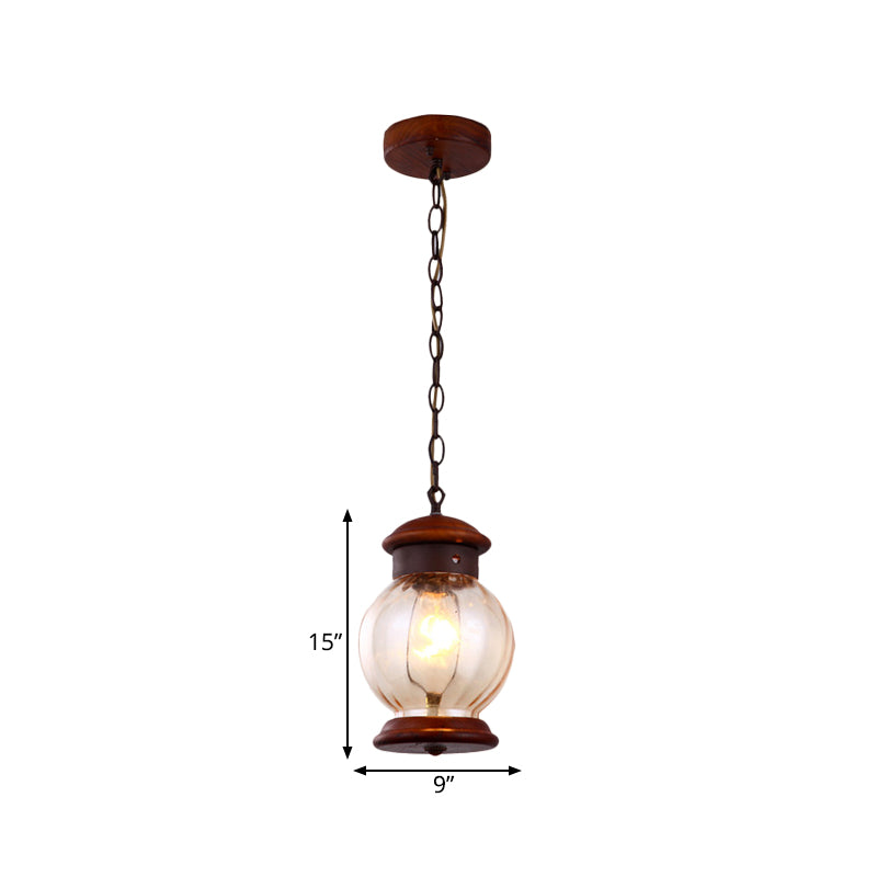 Traditional Round Drop Pendant 1-Light Wooden Brown Hanging Ceiling Lamp with Clear Glass Ball Shade Clearhalo 'Ceiling Lights' 'Chandeliers' 'Glass shade' 'Glass' 'Pendant Lights' 'Pendants' Lighting' 281202