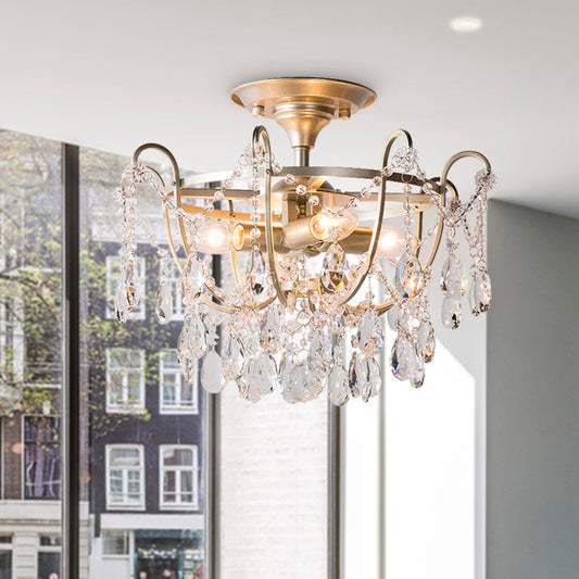 Droplet Semi Flush Traditional Beveled Crystal 4 Bulbs Brass Ceiling Mount Light Fixture Brass Clearhalo 'Ceiling Lights' 'Close To Ceiling Lights' 'Close to ceiling' 'Semi-flushmount' Lighting' 281204