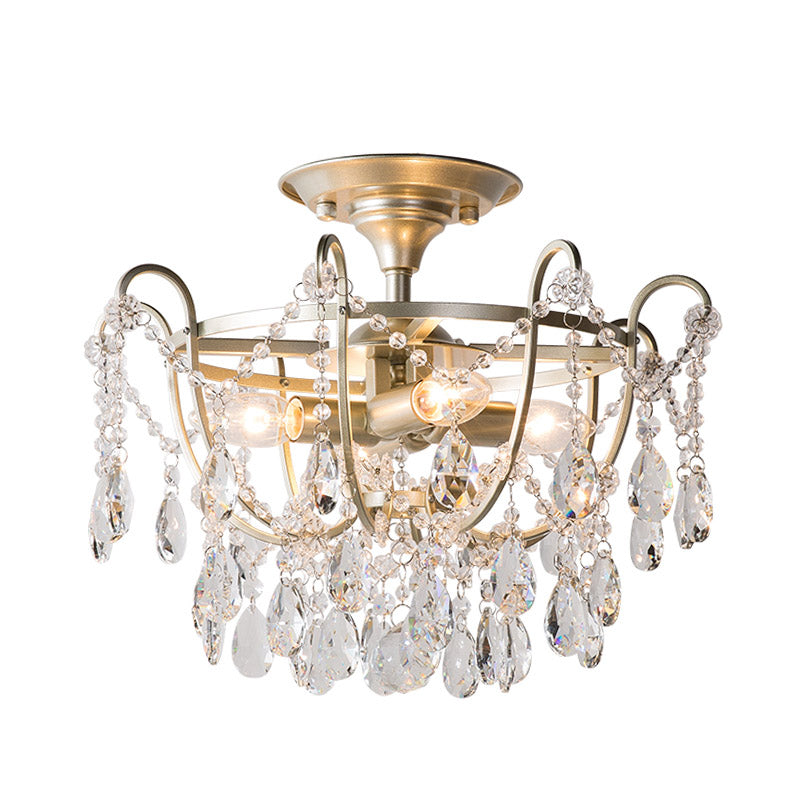 Droplet Semi Flush Traditional Beveled Crystal 4 Bulbs Brass Ceiling Mount Light Fixture Clearhalo 'Ceiling Lights' 'Close To Ceiling Lights' 'Close to ceiling' 'Semi-flushmount' Lighting' 281207