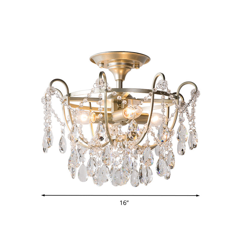 Droplet Semi Flush Traditional Beveled Crystal 4 Bulbs Brass Ceiling Mount Light Fixture Clearhalo 'Ceiling Lights' 'Close To Ceiling Lights' 'Close to ceiling' 'Semi-flushmount' Lighting' 281208