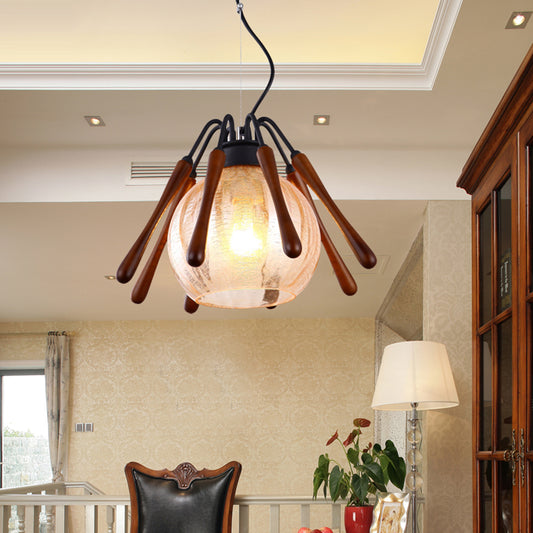 Conical Wood Pendant Lamp Rustic 1 Light Brown Suspended Lighting Fixture with Global Cracked Glass Shade Wood Clearhalo 'Ceiling Lights' 'Chandeliers' 'Glass shade' 'Glass' 'Pendant Lights' 'Pendants' Lighting' 281210
