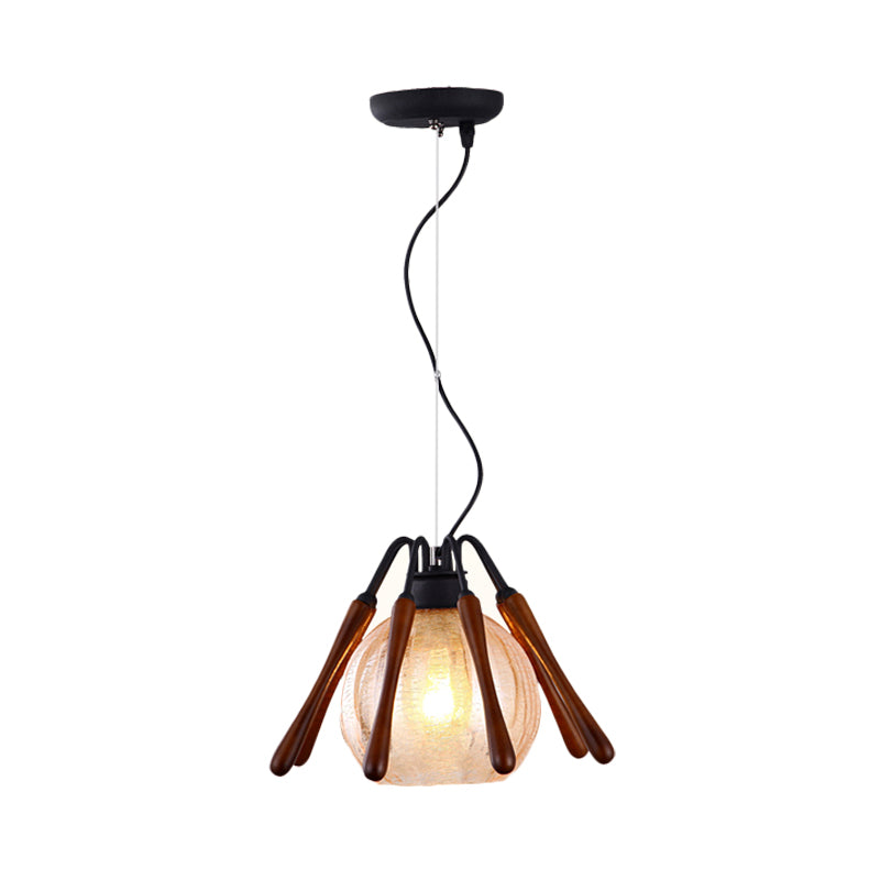 Conical Wood Pendant Lamp Rustic 1 Light Brown Suspended Lighting Fixture with Global Cracked Glass Shade Clearhalo 'Ceiling Lights' 'Chandeliers' 'Glass shade' 'Glass' 'Pendant Lights' 'Pendants' Lighting' 281213