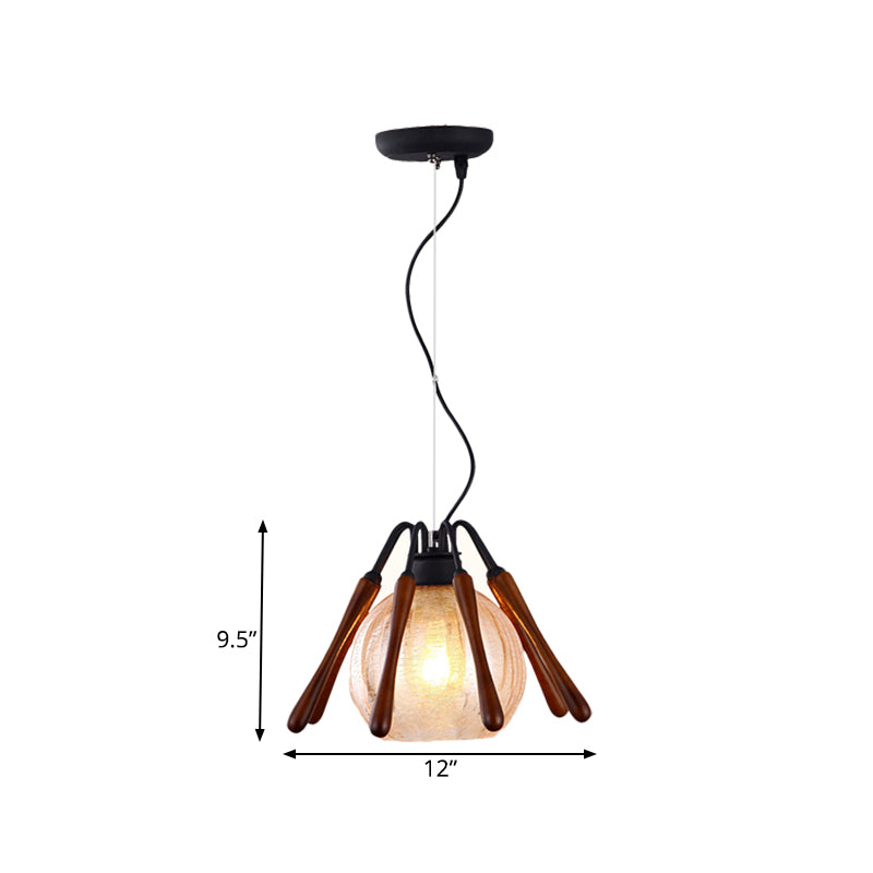 Conical Wood Pendant Lamp Rustic 1 Light Brown Suspended Lighting Fixture with Global Cracked Glass Shade Clearhalo 'Ceiling Lights' 'Chandeliers' 'Glass shade' 'Glass' 'Pendant Lights' 'Pendants' Lighting' 281214