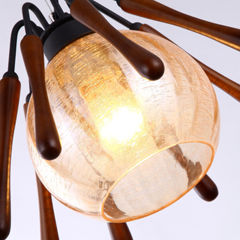 Conical Wood Pendant Lamp Rustic 1 Light Brown Suspended Lighting Fixture with Global Cracked Glass Shade Clearhalo 'Ceiling Lights' 'Chandeliers' 'Glass shade' 'Glass' 'Pendant Lights' 'Pendants' Lighting' 281215