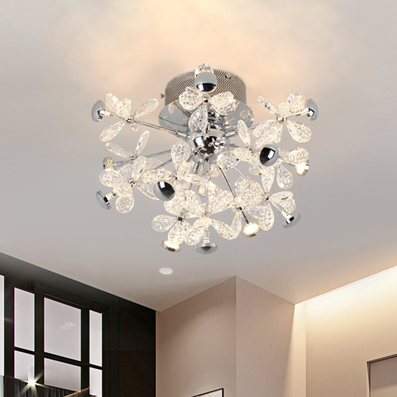 Flower Crystal Semi Flush Mount Modernist 13 Heads Silver Close to Ceiling Lamp for Living Room Silver Clearhalo 'Ceiling Lights' 'Close To Ceiling Lights' 'Close to ceiling' 'Semi-flushmount' Lighting' 281216