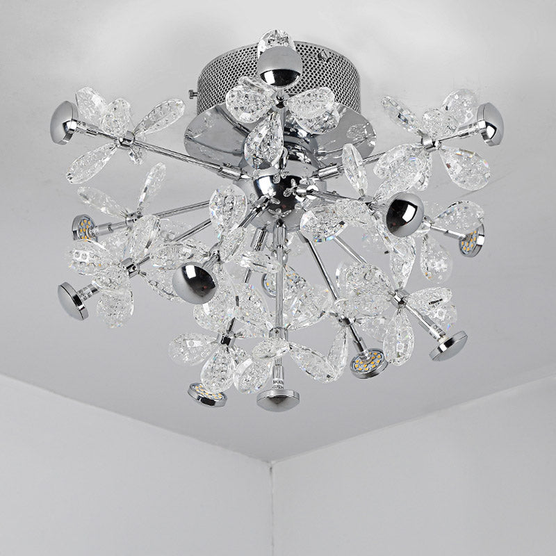 Flower Crystal Semi Flush Mount Modernist 13 Heads Silver Close to Ceiling Lamp for Living Room Clearhalo 'Ceiling Lights' 'Close To Ceiling Lights' 'Close to ceiling' 'Semi-flushmount' Lighting' 281217